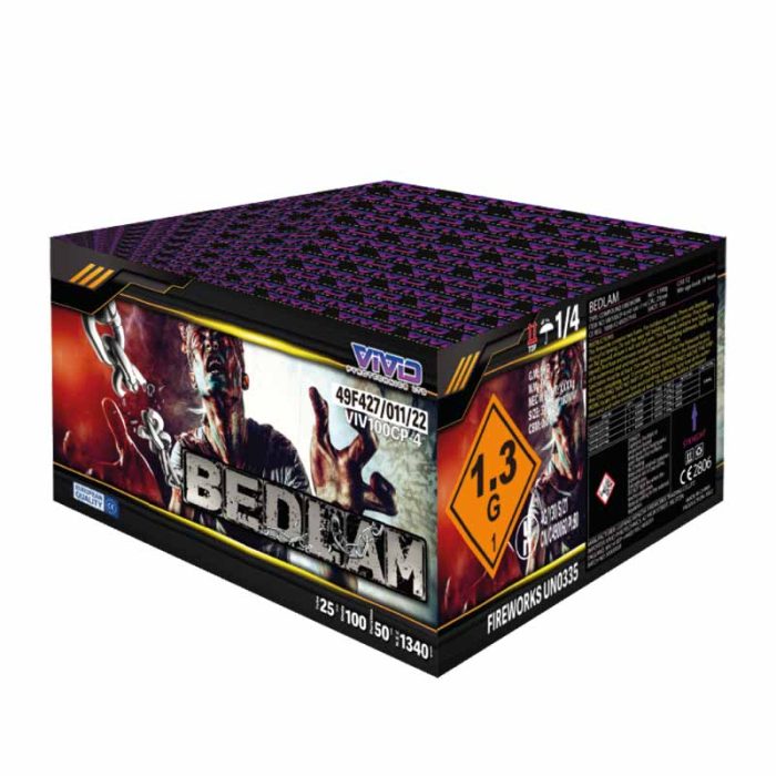 Bedlam 100 shot compound firework cake/barrage by vivid pyrotechnics