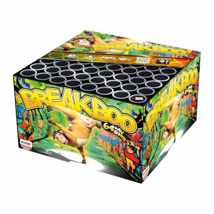 Breakboo 64 shot cake/barrage firework by Klasek pyrotechnics